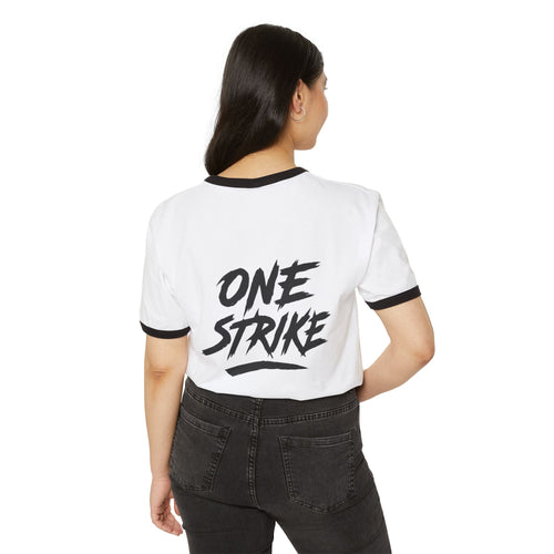 Epic Character Ringer T-Shirt with 'One Strike' Design, Anime Fan Apparel, Unisex Tee, Gift for Gamers, Casual Outfit, Unique Graphic Tee