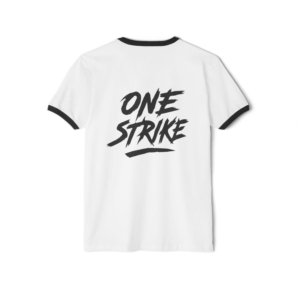 Epic Character Ringer T-Shirt with 'One Strike' Design, Anime Fan Apparel, Unisex Tee, Gift for Gamers, Casual Outfit, Unique Graphic Tee