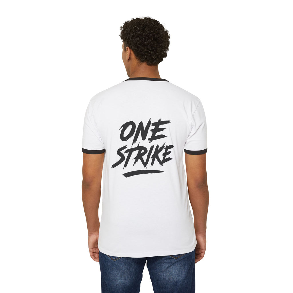 Epic Character Ringer T-Shirt with 'One Strike' Design, Anime Fan Apparel, Unisex Tee, Gift for Gamers, Casual Outfit, Unique Graphic Tee