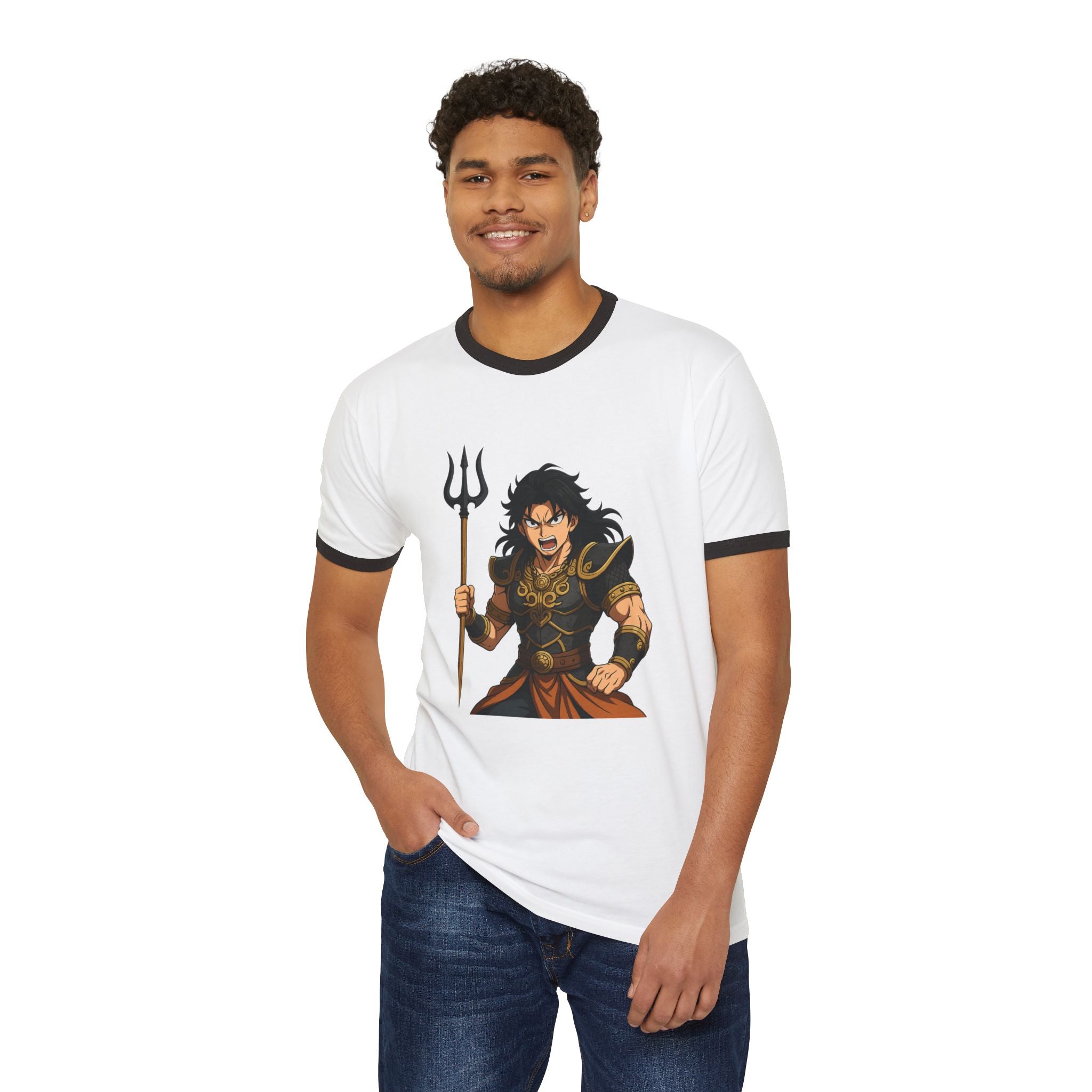 Epic Character Ringer T-Shirt with 'One Strike' Design, Anime Fan Apparel, Unisex Tee, Gift for Gamers, Casual Outfit, Unique Graphic Tee